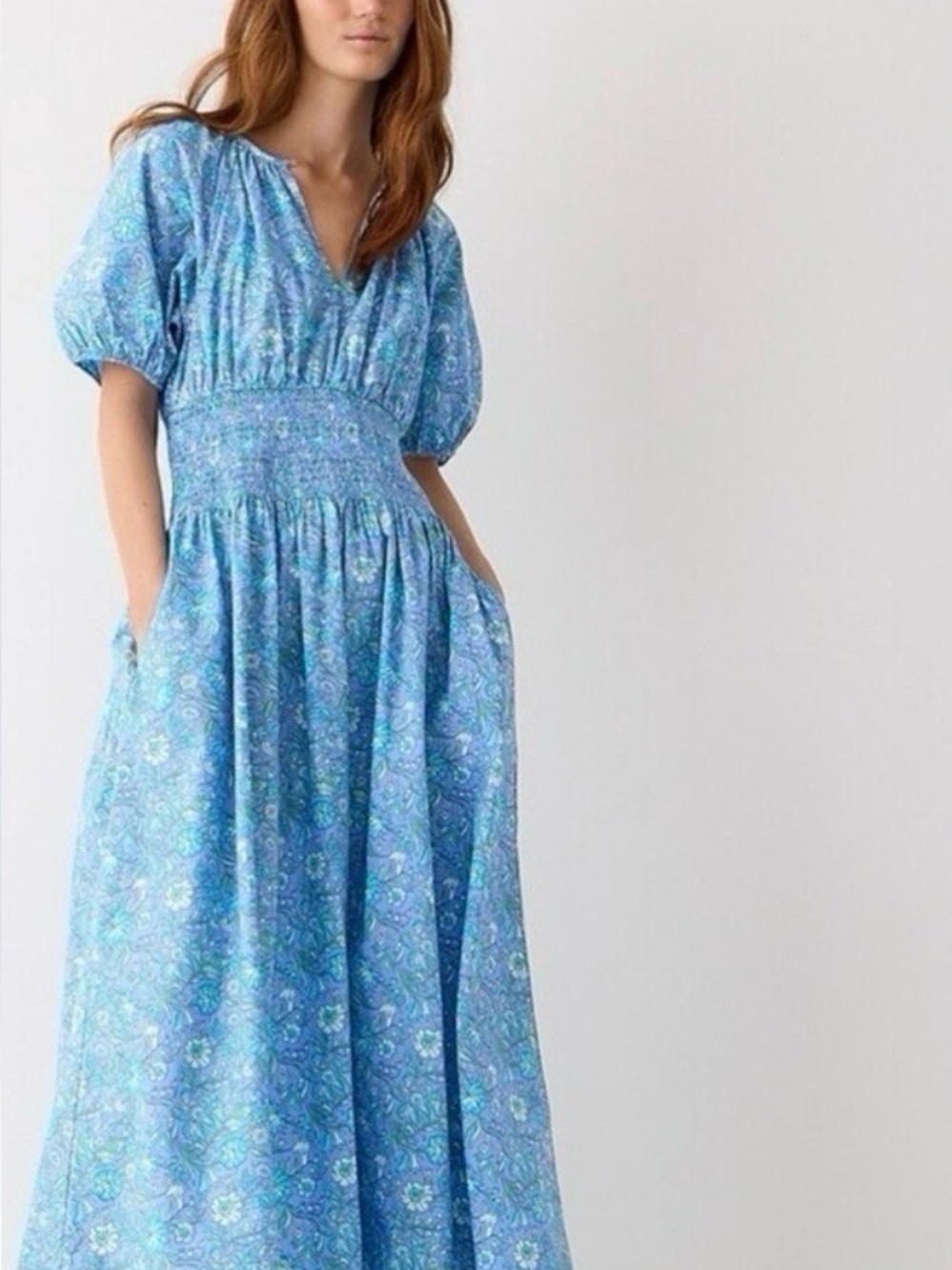 J. Crew Blue Floral Smocked Maxi Dress with Pockets
